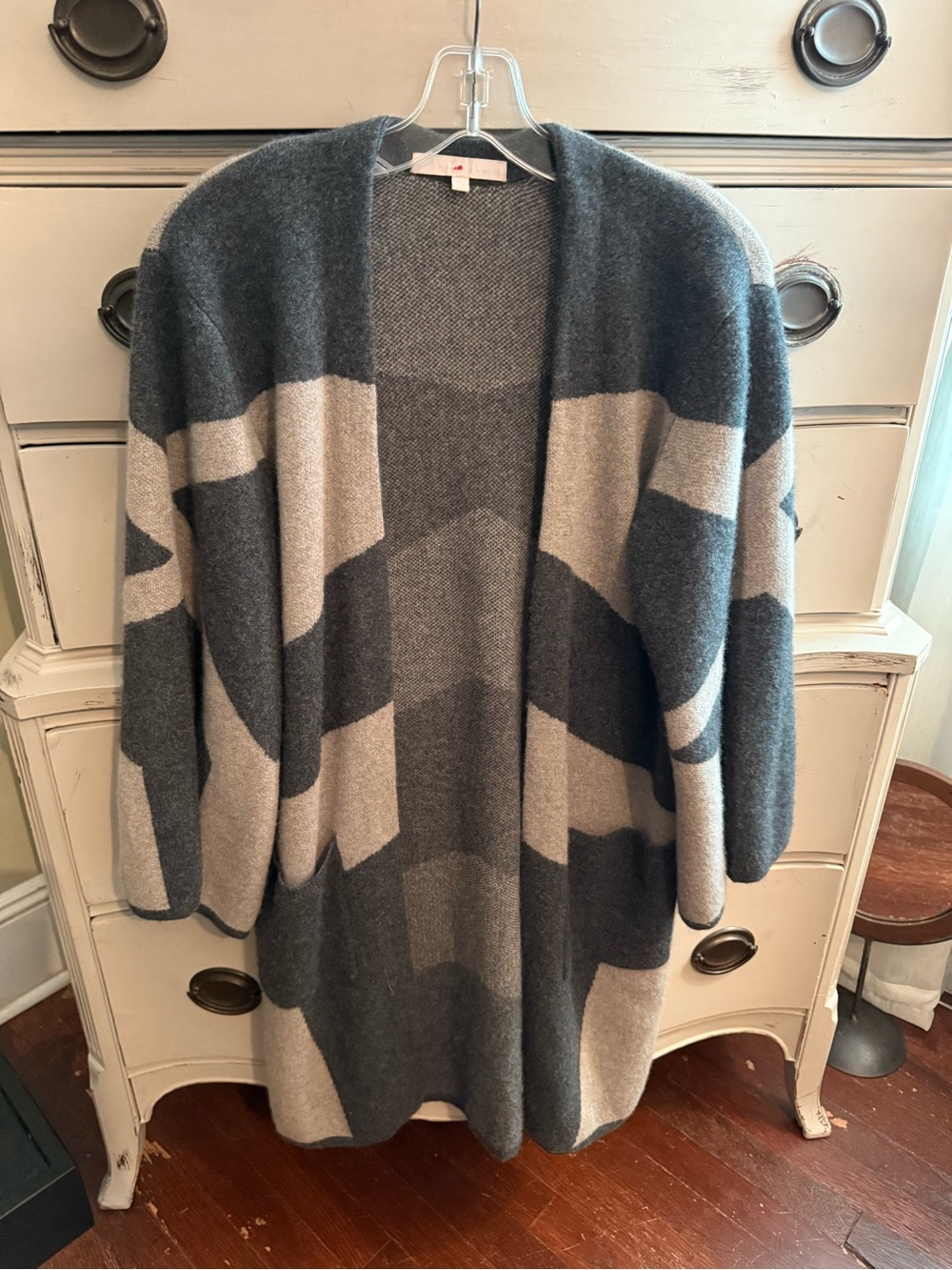 The Cashmere Project Open-Front Gray & Cream Cashmere Cardigan Sweater L